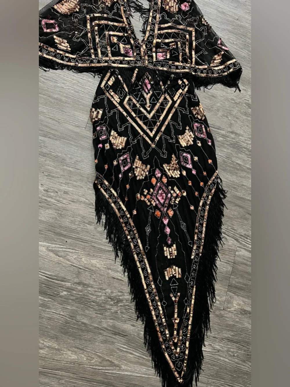 RARE Y2K ASOS design Black Sequin Fringe Maxi Dress with Pink & Rose Accents#A10 - Picture 5 of 16
